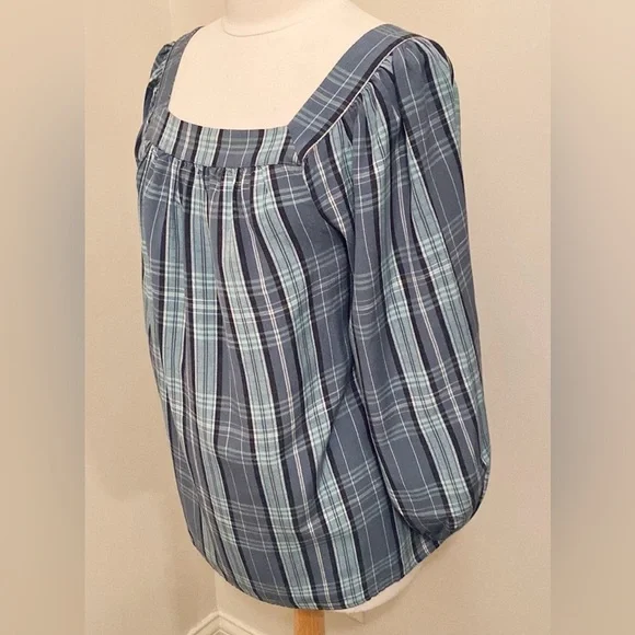 LC Lauren Conrad Teal Green Plaid Square Neck Balloon Sleeves Peasant Top Size M - Picture 6 of 15
